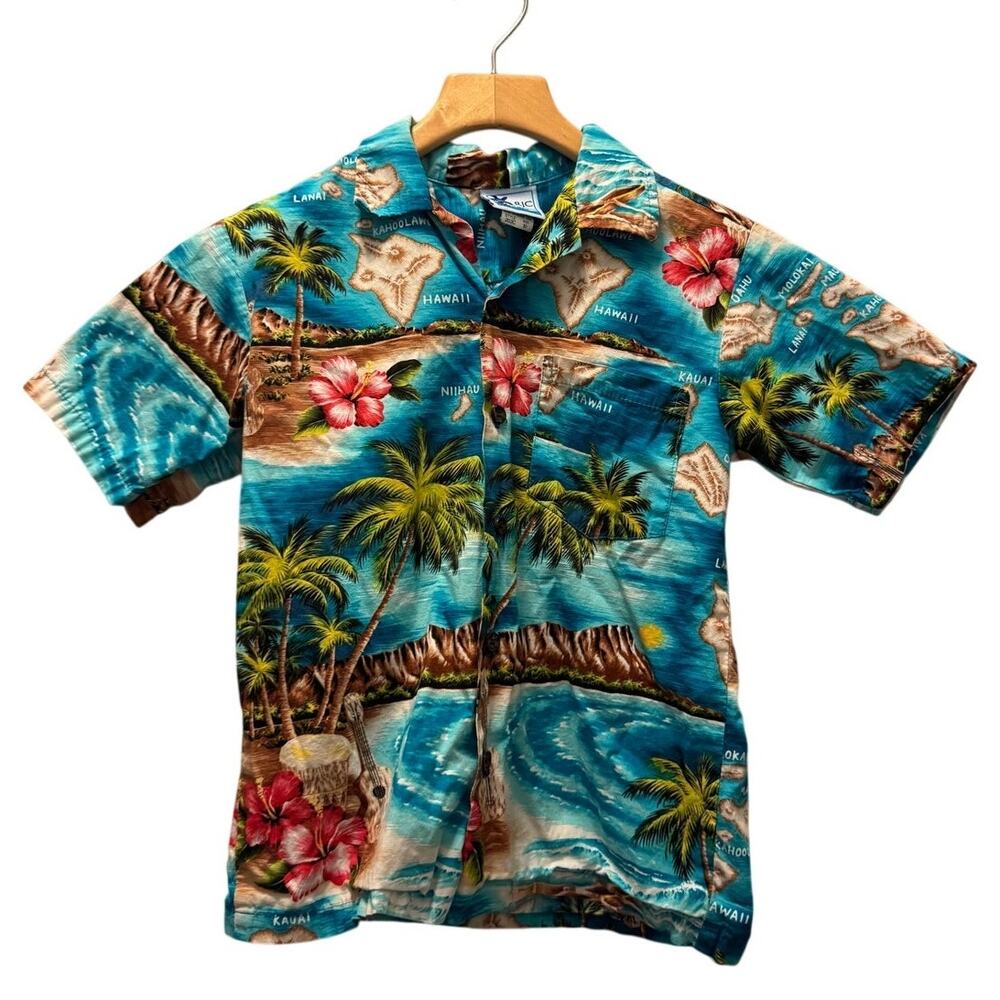 RJC Kids Blue 10 Button Down Shirt Tropical Island Map Floral Print Multicolor